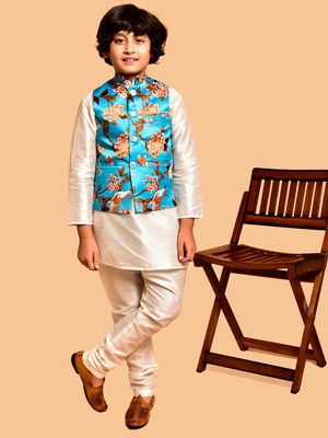 PRINTCULTR Boys Festive & Party Kurta, Waistcoat and Pyjama Set(Blue Pack of 3)