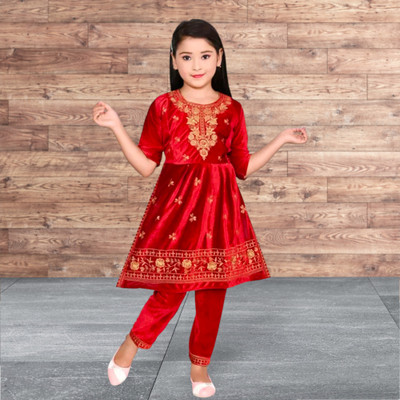 RN DRESSES Girls Festive & Party Kurta and Pyjama Set(Red Pack of 1)