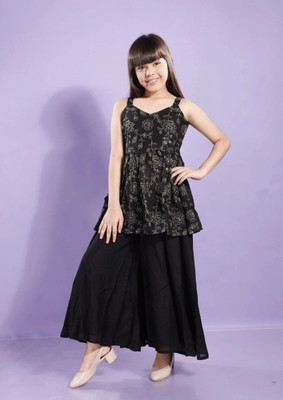 Curly Tales Girls Festive & Party Kurta and Palazzo Set(Black Pack of 1)