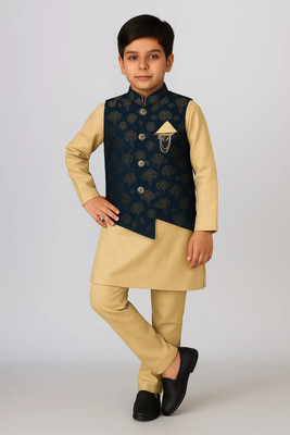ATLY Boys Festive & Party Kurta, Waistcoat and Pyjama Set(Dark Blue Pack of 1)