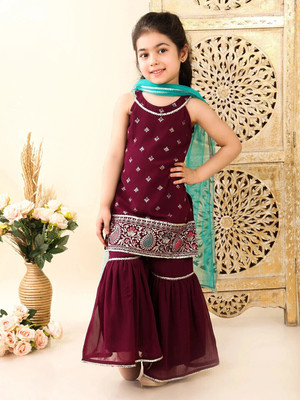 Superminis Girls Festive & Party Kurta and Palazzo Set(Maroon Pack of 1)