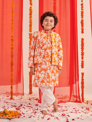 Pspeaches Boys Festive & Party Kurta and Pyjama Set(Orange Pack of 1)