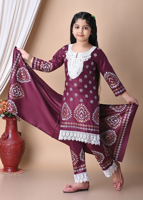 TIKTOK FASHION Girls Festive & Party Kurta, Churidar & Dupatta Set(Purple Pack of 1)