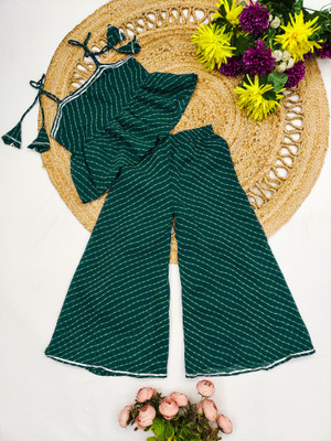 KRASRENAR Girls Festive & Party Kurta and Palazzo Set(Green Pack of 1)