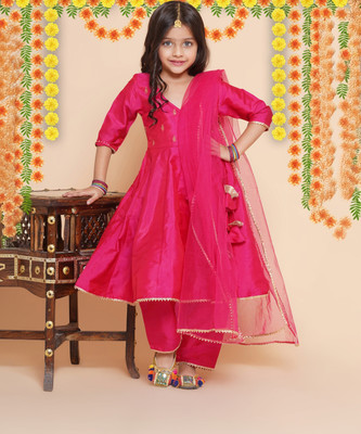 Bitiya By Bhama Girls Festive & Party Kurta, Pyjama & Dupatta Set(Pink Pack of 1)