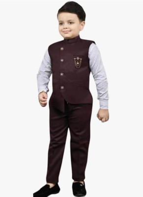 ARIHANT TRADERS Boys Festive & Party, Wedding Shirt, Waistcoat and Pant Set(Maroon Pack of 3)