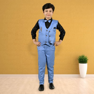 Lxri Boys Festive & Party, Wedding Shirt, Waistcoat and Pant Set(Blue Pack of 1)