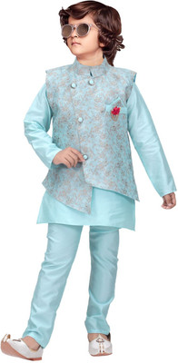 PARROT COLLECTION Baby Boys Casual Ethnic Jacket, Kurta and Dhoti Pant Set(Blue Pack of 1)
