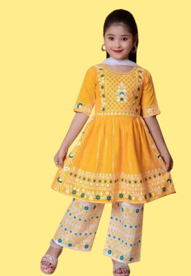 HouseOfCommon Girls Festive & Party Kurta and Pyjama Set(Yellow Pack of 1)