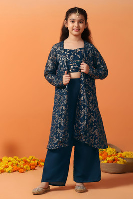 Fashion Dream Girls Festive & Party Ethnic Jacket, Blouse and Palazzo Set(Blue Pack of 1)
