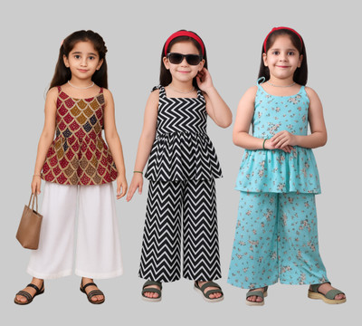 pj fashion Girls Festive & Party Kurta and Palazzo Set(Multicolor Pack of 3)