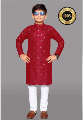 Baba Boys Festive & Party Kurta and Pyjama Set(Red Pack of 1)