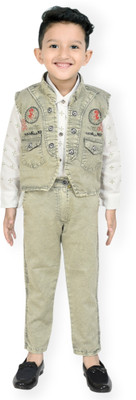 TAPODHANI Boys Festive & Party Shirt, Waistcoat and Pant Set(Green Pack of 1)