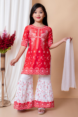 NEWZON Girls Festive & Party Kurta and Palazzo Set(Red Pack of 1)