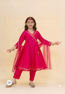 THE LALCOLLECTION KIDSWEAR Girls Festive & Party Kurti, Legging and Dupatta Set(Pink Pack of 1)