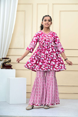 UPASANA Girls Festive & Party Angarkha and Sharara Set(Maroon Pack of 1)