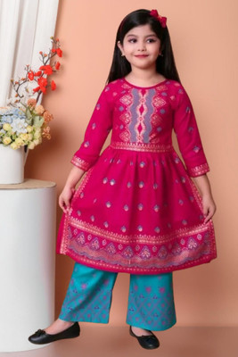 Shyam Creation Girls Festive & Party Kurta and Palazzo Set(Pink Pack of 1)