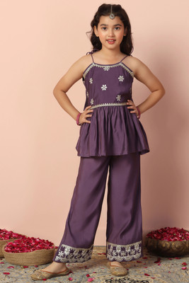 Fashion Dream Girls Festive & Party Kurta and Palazzo Set(Purple Pack of 1)