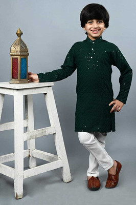 Pure Hearts Boys Casual Kurta and Pyjama Set(Green Pack of 1)