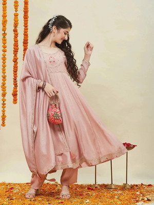 Curly Tales Girls Festive & Party Kurta, Pyjama & Dupatta Set(Pink Pack of 1)