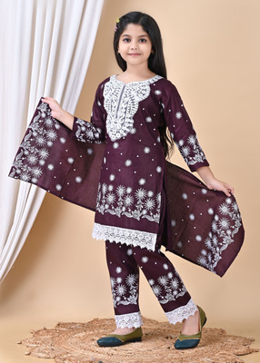 TIKTOK FASHION Girls Festive & Party Kurta, Churidar & Dupatta Set(Purple Pack of 1)