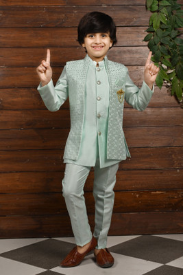 AHHAAAA Boys Festive & Party Kurta, Waistcoat and Breeches Set(Blue Pack of 1)