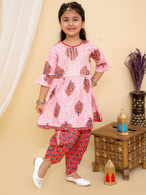 Superminis Girls Festive & Party Kurta and Pyjama Set(Pink Pack of 1)