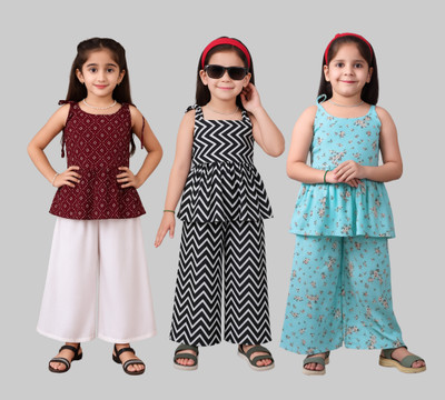 pj fashion Girls Festive & Party Kurta and Palazzo Set(Multicolor Pack of 3)