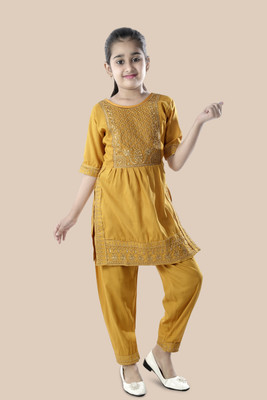 BURBN Girls Festive & Party Kurta and Palazzo Set(Yellow Pack of 1)