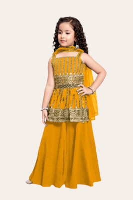 Dhvra Fashion Girls Wedding Kurta and Palazzo Set(Yellow Pack of 1)