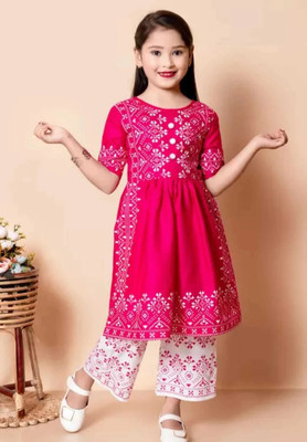 Rmmfashion Girls Festive & Party, Casual, Wedding Kurta and Palazzo Set(Pink Pack of 1)