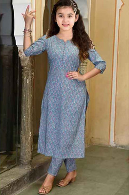 SATVASHIV Girls Festive & Party, Casual Kurta and Pyjama Set(Grey Pack of 1)