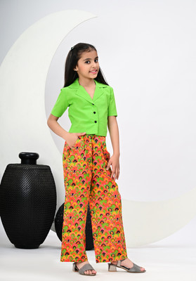 KRISHJAA Girls Party(Festive) Top Pant(Green, Orange)