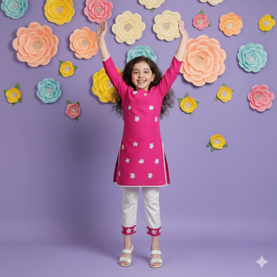 FLEXAA Girls Festive & Party, Casual, Formal, Wedding Kurta and Trouser Set(Pink Pack of 1)