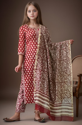 Meraki Fab Girls Casual Kurta, Pyjama & Dupatta Set(Red Pack of 1)