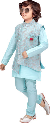 KL Collection Boys Festive & Party Kurta, Waistcoat and Pyjama Set(Light Blue Pack of 1)