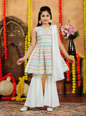 SANGARIA Girls Festive & Party Kurta and Sharara Set(White Pack of 1)