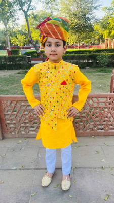 KL Collection Boys Festive & Party Kurta, Waistcoat and Pyjama Set(Yellow Pack of 1)