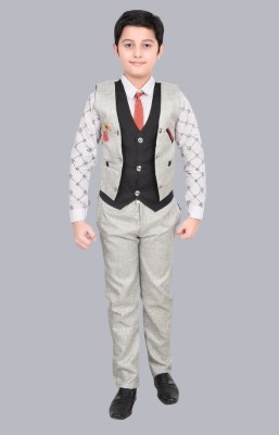 S K S T Boys Festive & Party, Wedding Shirt, Waistcoat and Pant Set(Grey Pack of 1)