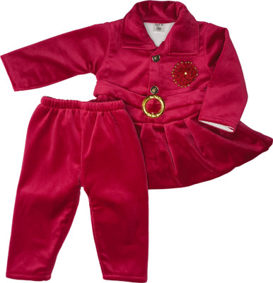 Minicaptain Baby Girls Festive & Party Kurta and Trouser Set(Maroon Pack of 1)