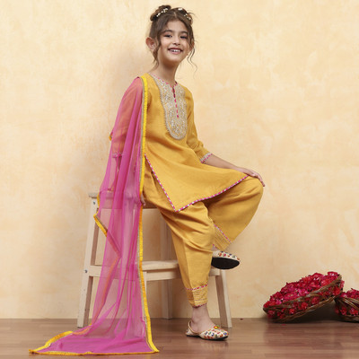 BIBA Girls Casual Kurta, Pyjama & Dupatta Set(Yellow Pack of 1)