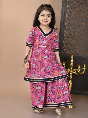 Superminis Girls Festive & Party Angarkha and Sharara Set(Pink Pack of 1)