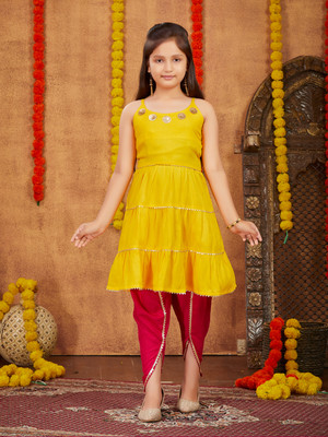 Aarika Girls Festive & Party Kurta and Dhoti Pant Set(Yellow Pack of 1)