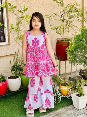 Curly Tales Girls Festive & Party Kurta and Sharara Set(Pink Pack of 1)