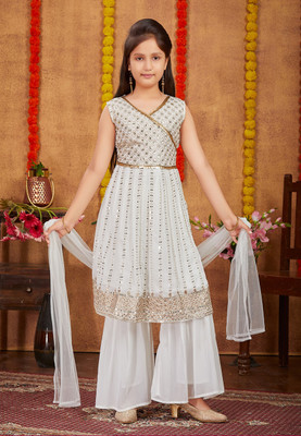 Yk Girls Festive & Party Kurta and Sharara Set(White Pack of 1)