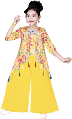 TDDRESSES Girls Festive & Party Ethnic Jacket, Kurta and Palazzo Set(Yellow Pack of 1)
