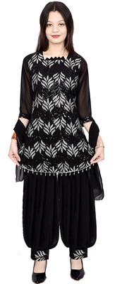 HouseOfCommon Girls Festive & Party Kurti, Patiala and Dupatta Set(Black Pack of 1)
