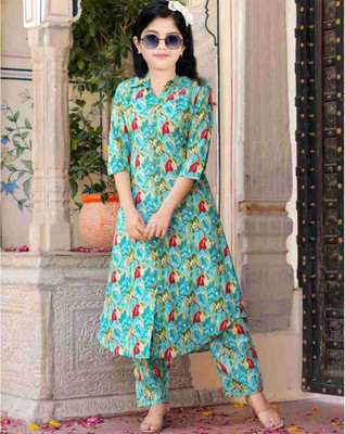 SATVASHIV Girls Festive & Party, Casual Kurta and Pyjama Set(Light Blue Pack of 1)