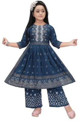 ANMOLDRESS Girls Festive & Party Kurta and Palazzo Set(Dark Blue Pack of 1)