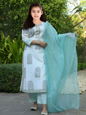 Mitukart Girls Casual Churidar and Dupatta Set(White Pack of 3)